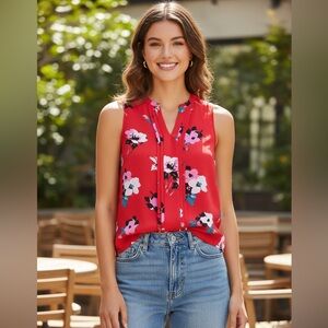 41 Hawthorn Red Floral Cami Top M Sleeveless Pleat Front Career Work Summer Boho